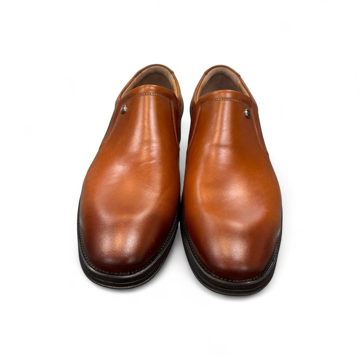 Atropat Parsa brown leather slip-on dress shoe with textured side panel and rubber outsole. Photo of front view.