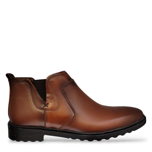 Atropat Sohrab brown leather chelsea boots with handmade stitching and a durable rubber outsole. Photo of side view.