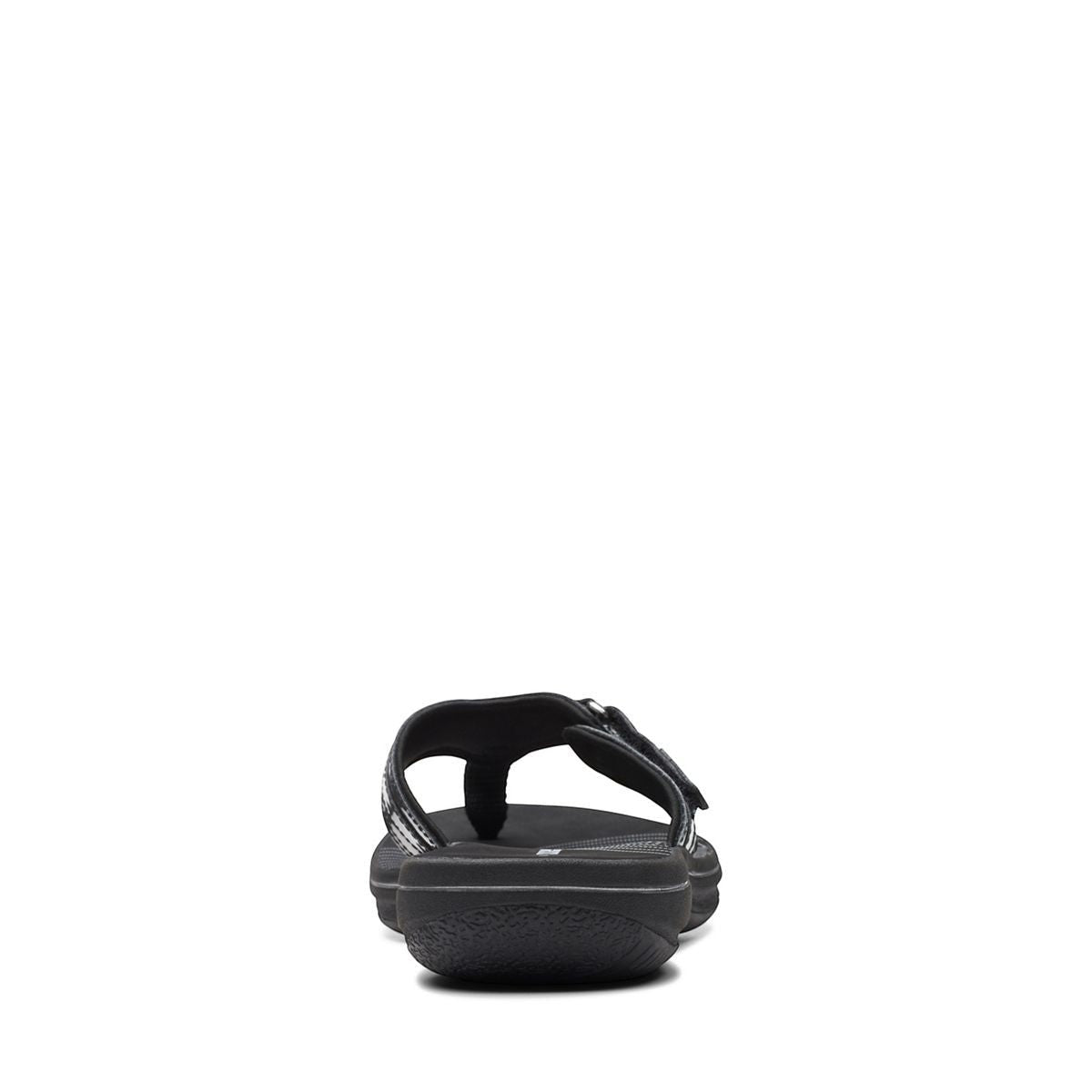 Clarks Breeze Sea black patent flip-flops with a lightweight sole and adjustable strap closure. back view.