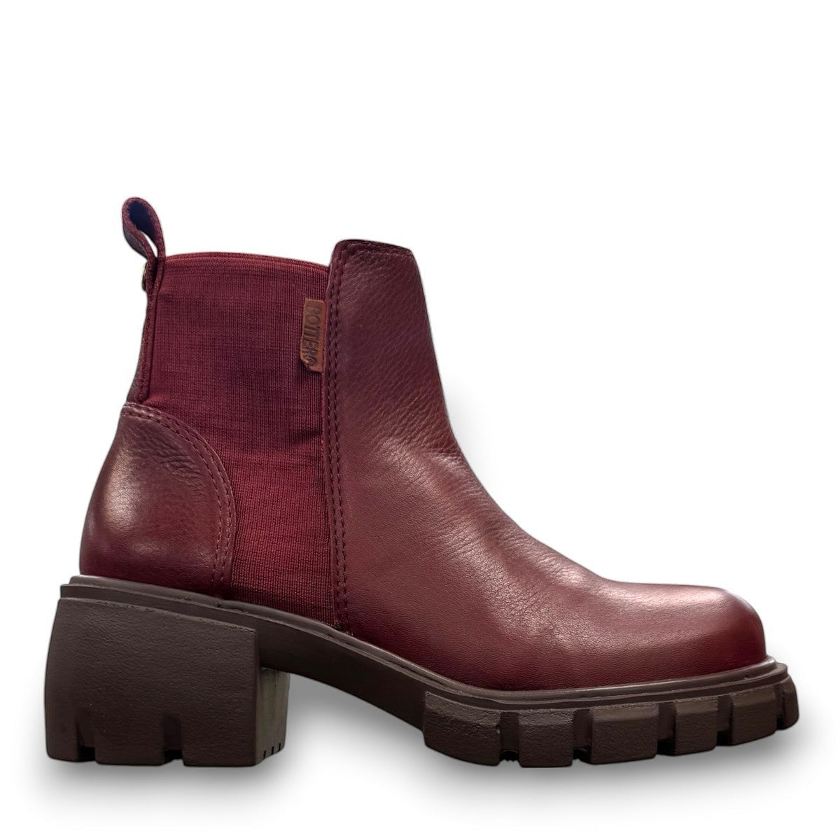 Bottero burgundy burnished leather Chelsea boots with elastic side panels and a chunky block heel.