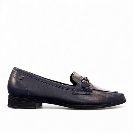 Bottero navy leather loafer with a metal horsebit detail and a low flat heel in a classic slip-on style