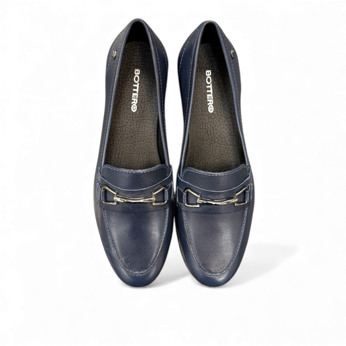 Bottero navy leather loafer with a metal horsebit detail and a low flat heel in a classic slip-on style