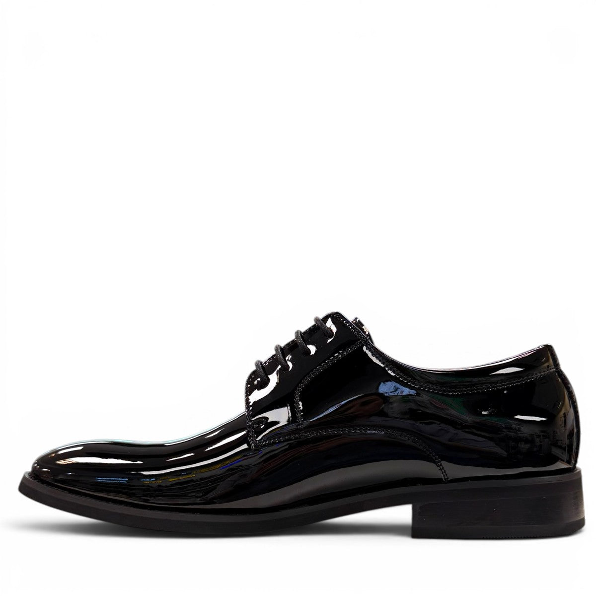 COLLEXION F7067M black patent leather lace-up dress shoe with a sleek, polished formal silhouette.
photo of the left side