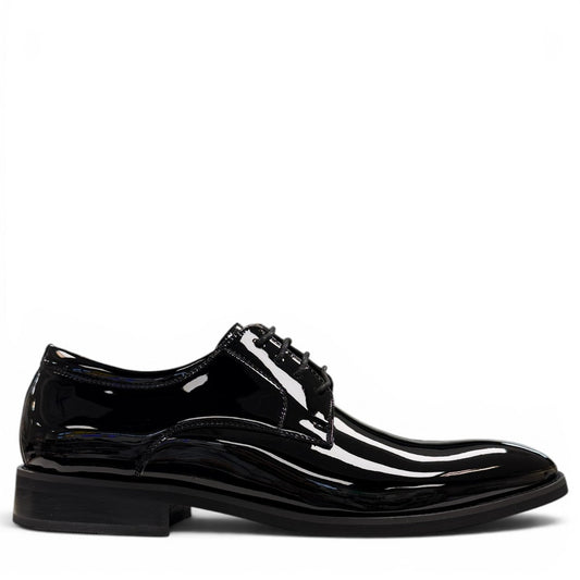 COLLEXION F7067M black patent leather lace-up dress shoe with a sleek, polished formal silhouette.
photo of the right side