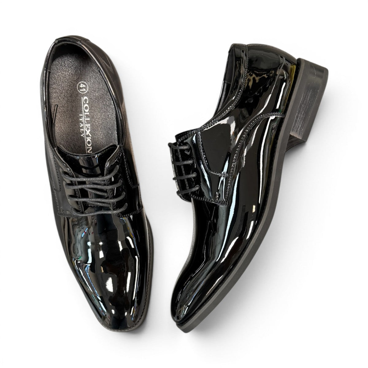 COLLEXION F7067M black patent leather lace-up dress shoe with a sleek, polished formal silhouette.
photo of the top side