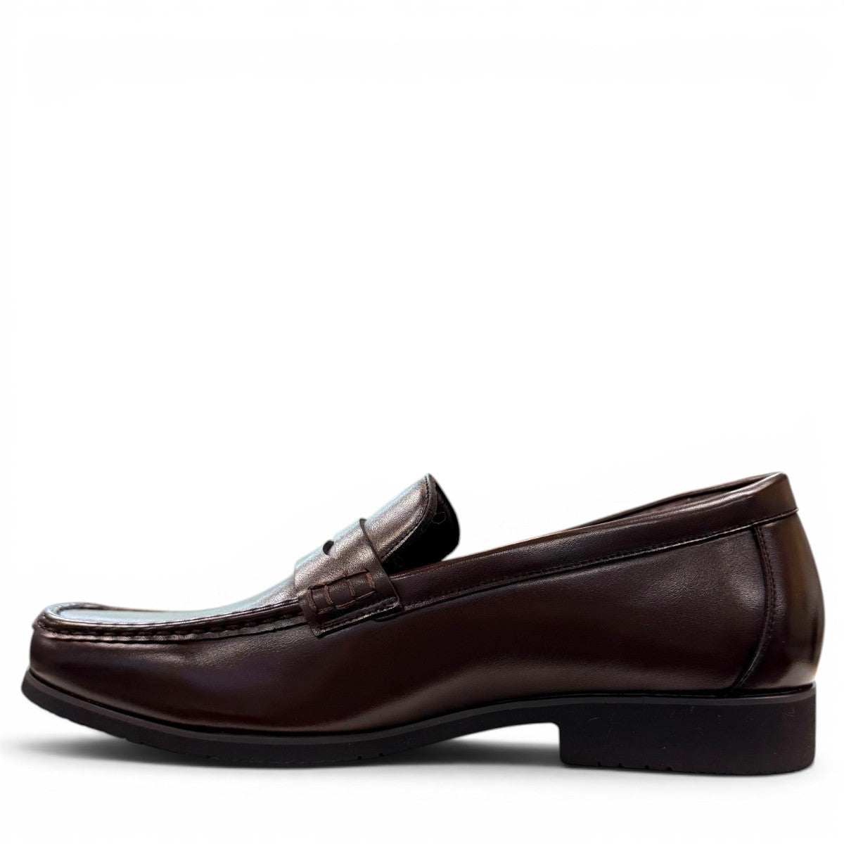 COLLEXION F7067M coffee brown leather penny loafer with a classic slip-on design.
photo of the left side