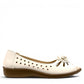 COLLEXION-F7067M white peep-toe comfort flats with floral detail, side perforations, and a flexible brown sole.
photo of the right side
