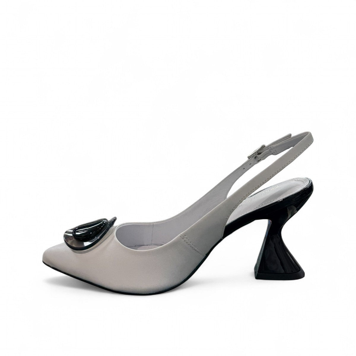 Capelli Rossi Claire white leather slingback heels with black sculptural heel and decorative accent