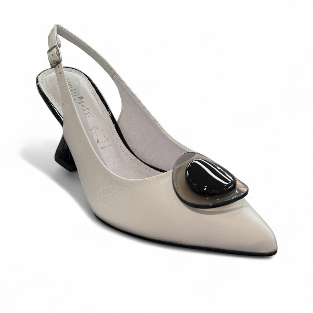 Capelli Rossi Claire white leather slingback heels with black sculptural heel and decorative accent