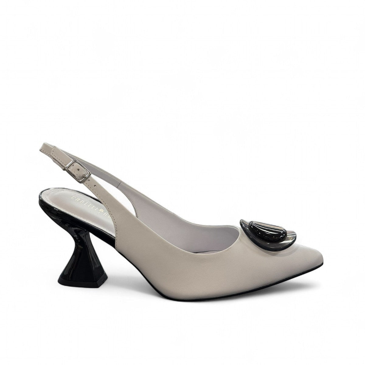Capelli Rossi Claire white leather slingback heels with black sculptural heel and decorative accent