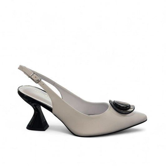 Capelli Rossi Claire white leather slingback heels with black sculptural heel and decorative accent
