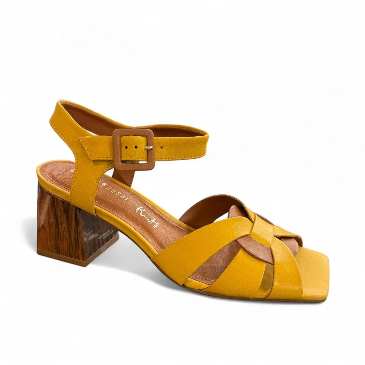 Capelli Rossi Poppy yellow smooth leather sandals with a block wood-effect heel and ankle strap