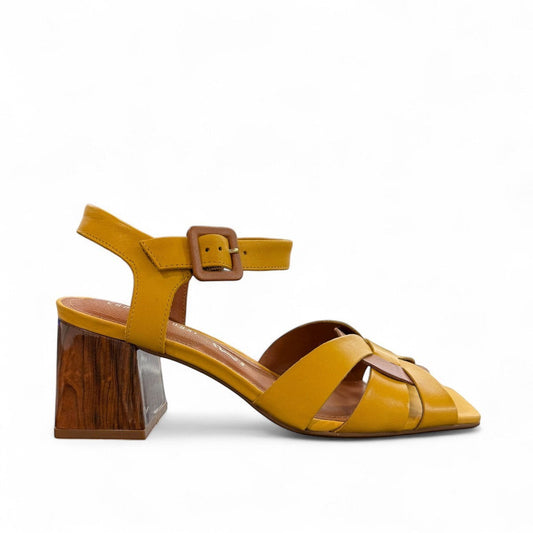 Capelli Rossi Poppy yellow smooth leather sandals with a block wood-effect heel and ankle strap