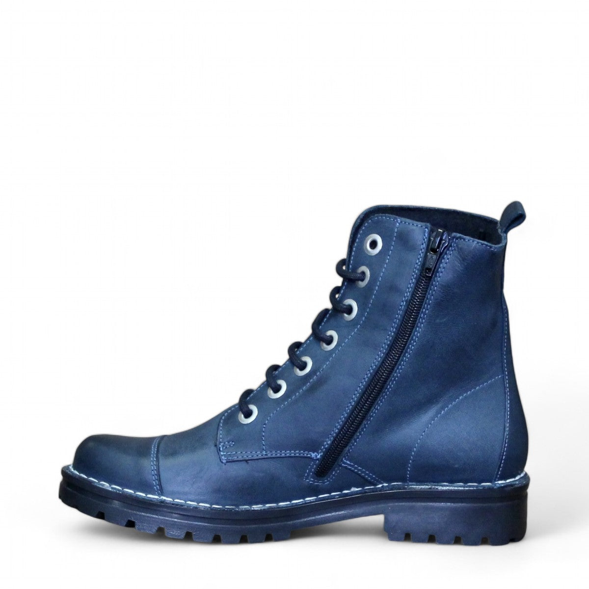 Chacal navy leather lace-up boot with silver eyelets, microfiber lining, and a durable rubber outsole.