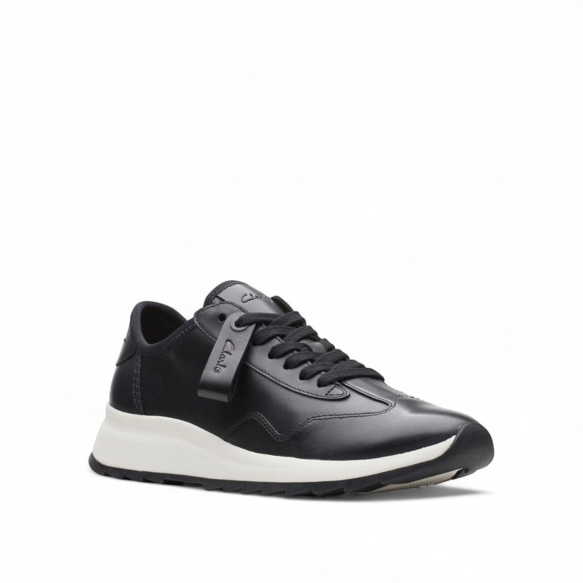 Clarks Dashlite Lo black leather sneaker with a white cushioned midsole and sporty retro silhouette.
photo of the right.