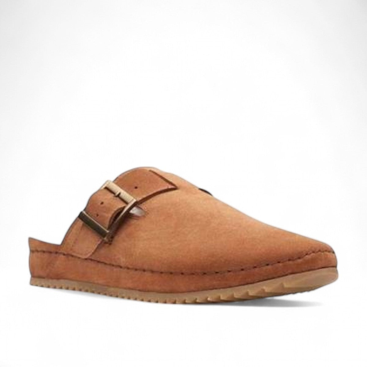 Clarks tan suede Brookleigh mule with faux shearling lining and chunky buckle detail.photo of the front.