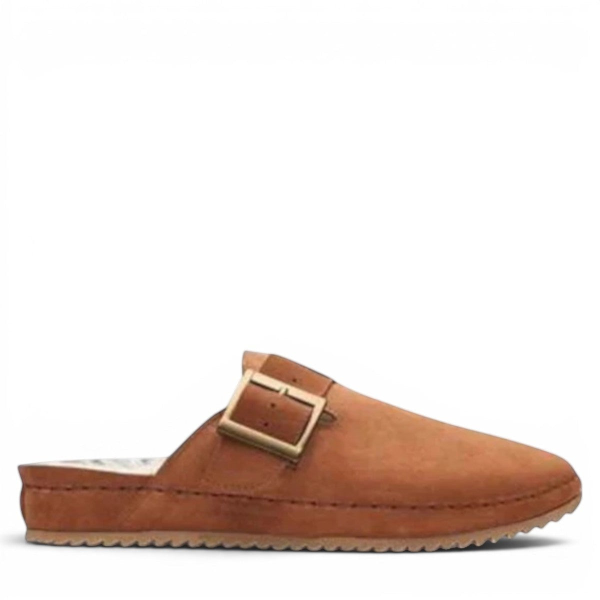 Clarks tan suede Brookleigh mule with faux shearling lining and chunky buckle detail.photo of the right.