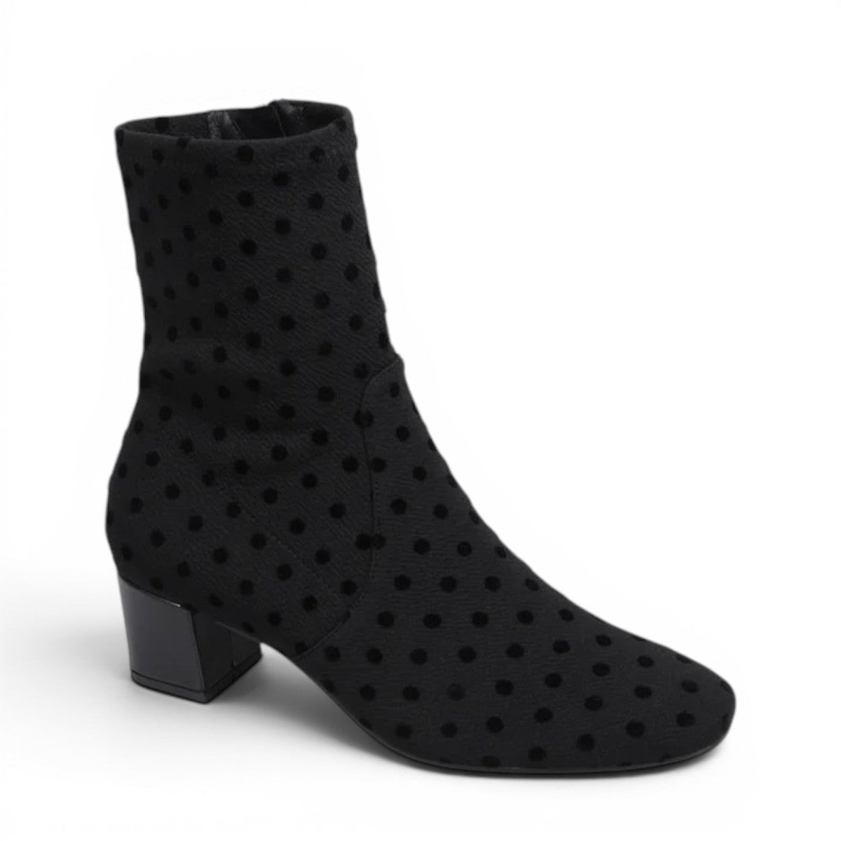 DJANGO & JULIETTE Hartful black stretch ankle bootie with polka dot pattern and block heel.
photo of the front side