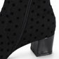 DJANGO & JULIETTE Hartful black stretch ankle bootie with polka dot pattern and block heel.
photo of the back side