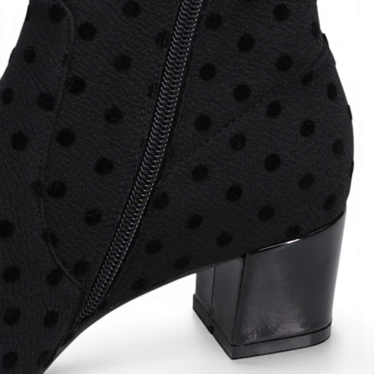 DJANGO & JULIETTE Hartful black stretch ankle bootie with polka dot pattern and block heel.
photo of the back side