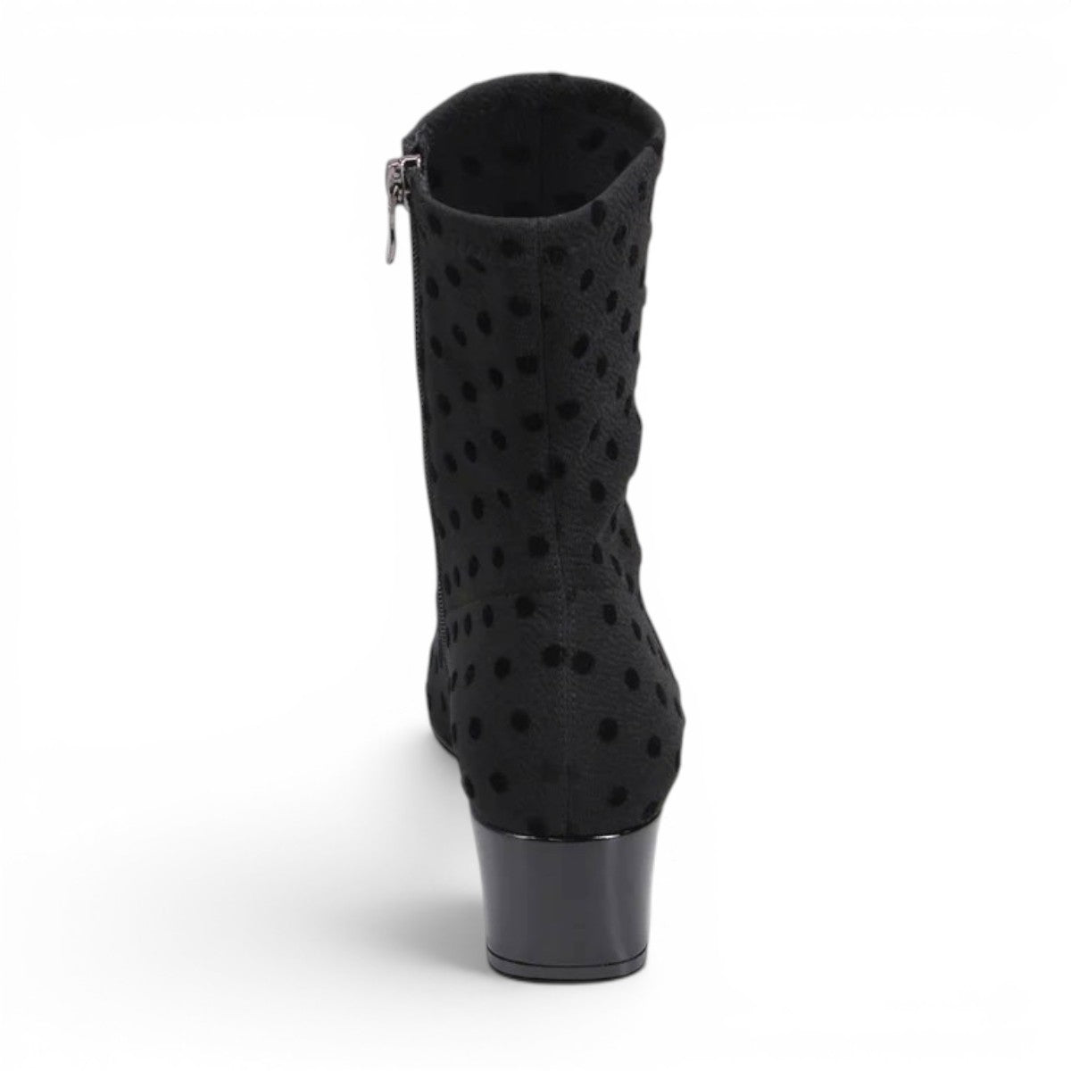 DJANGO & JULIETTE Hartful black stretch ankle bootie with polka dot pattern and block heel.
photo of the back side