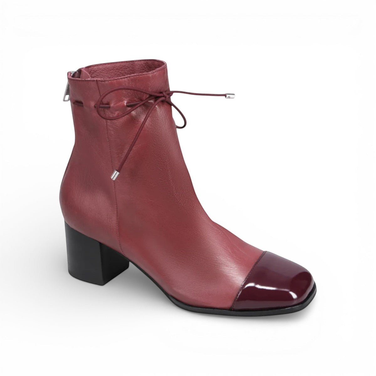 Django & Juliette burgundy leather ankle boots with a black patent square toe, block heel, and lace detail. right view.