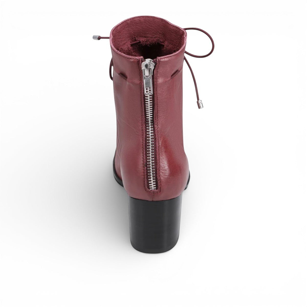Django & Juliette burgundy leather ankle boots with a black patent square toe, block heel, and lace detail. back view.