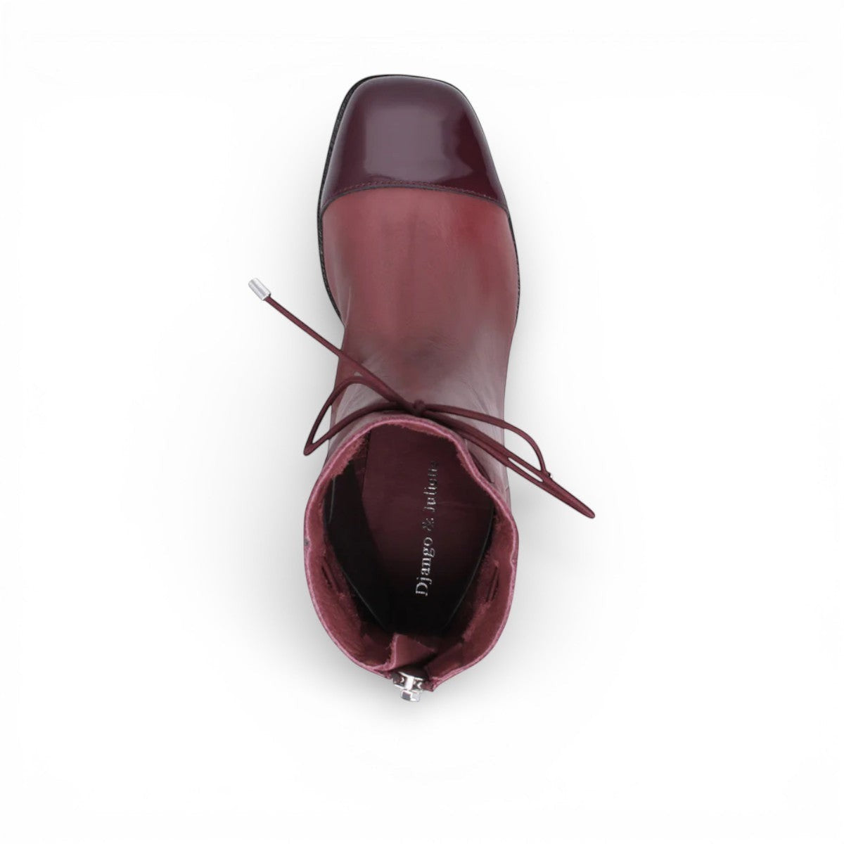 Django & Juliette burgundy leather ankle boots with a black patent square toe, block heel, and lace detail. top view