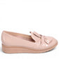 DJANGO & JULIETTE OCLEM cappuccino patent leather platform loafers with a bow detail and low wedge sole. right view