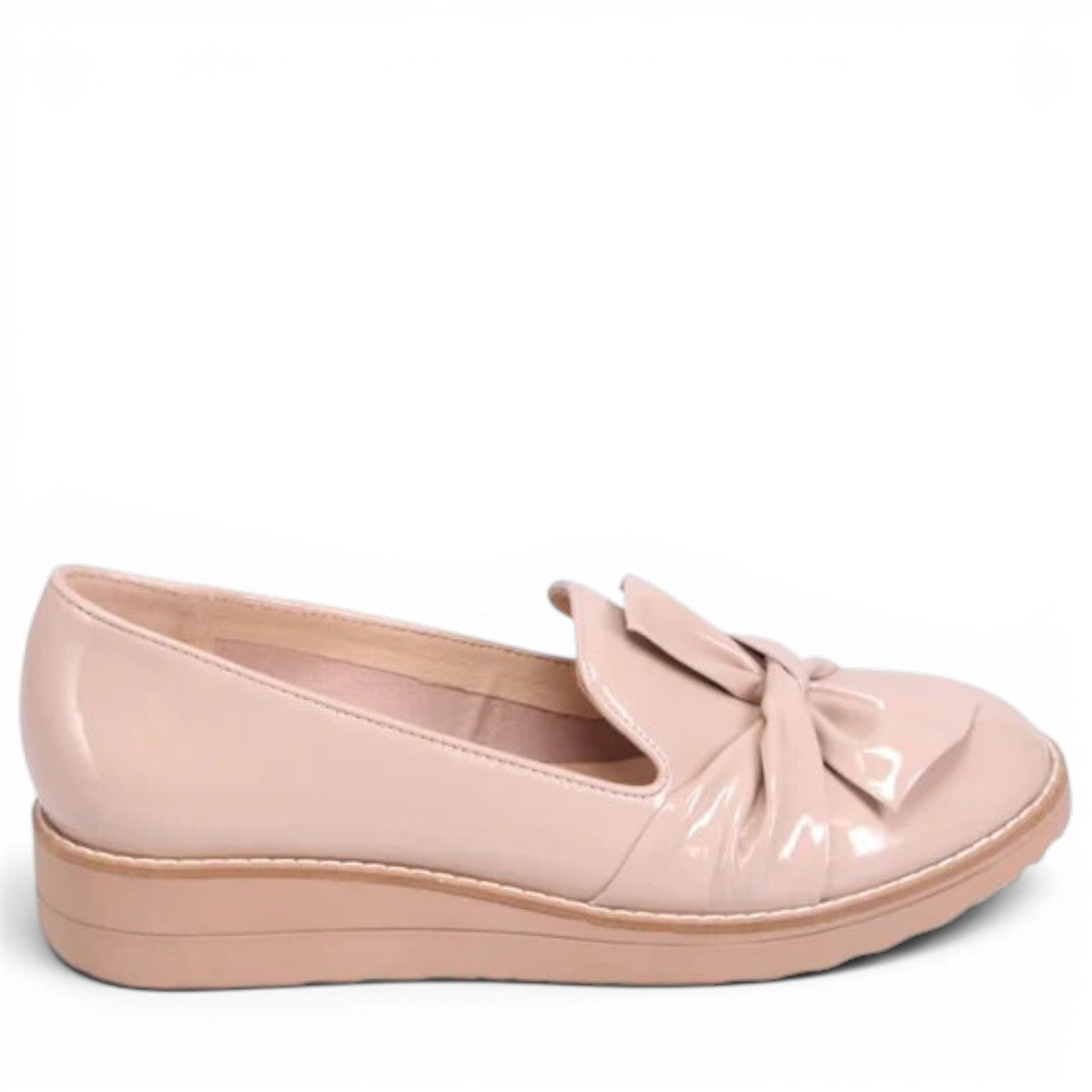 DJANGO & JULIETTE OCLEM cappuccino patent leather platform loafers with a bow detail and low wedge sole. right view