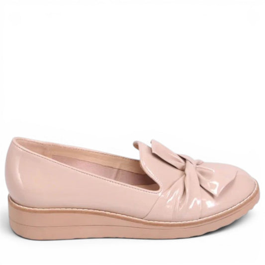 DJANGO & JULIETTE OCLEM cappuccino patent leather platform loafers with a bow detail and low wedge sole. right view