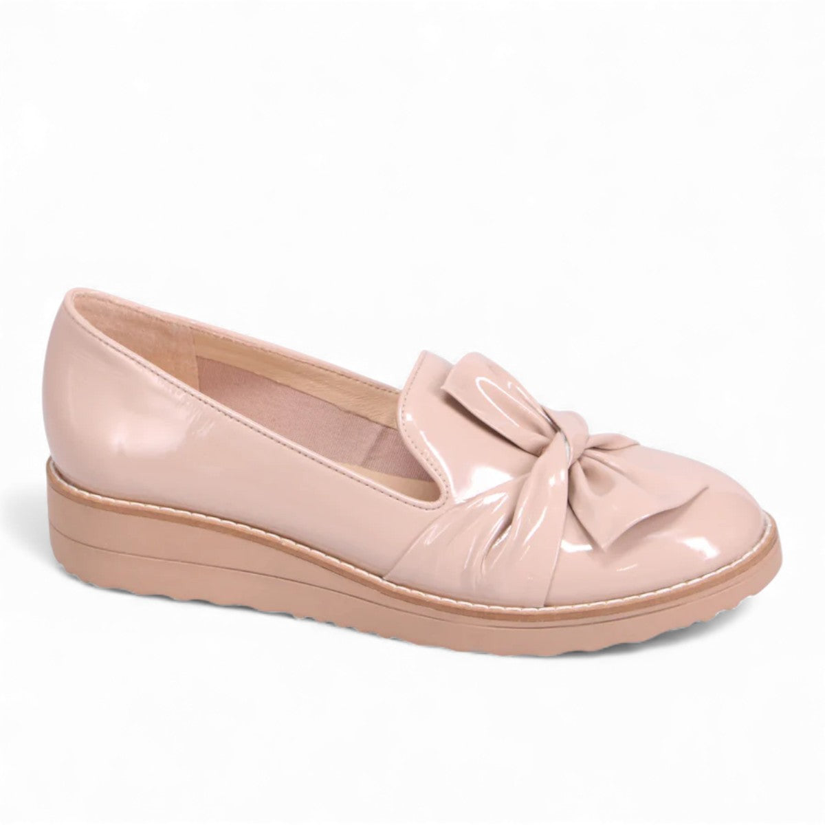 DJANGO & JULIETTE OCLEM cappuccino patent leather platform loafers with a bow detail and low wedge sole. right view