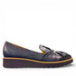 DJANGO & JULIETTE OCLEM navy leather platform loafers with a sporty rubber wedge sole and slip-on design. right view.