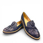 DJANGO & JULIETTE OCLEM navy leather platform loafers with a sporty rubber wedge sole and slip-on design. front view.