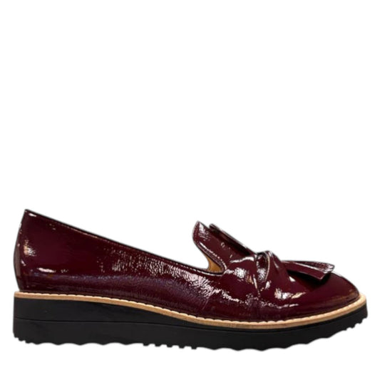 DJANGO & JULIETTE OCLEM wine patent leather platform loafers with a black rubber wedge sole. right view
