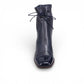 DJANGOANDJULIETTE-VALINA-navy leather ankle boots with patent toe cap, block heel, and decorative ankle lacing. front view