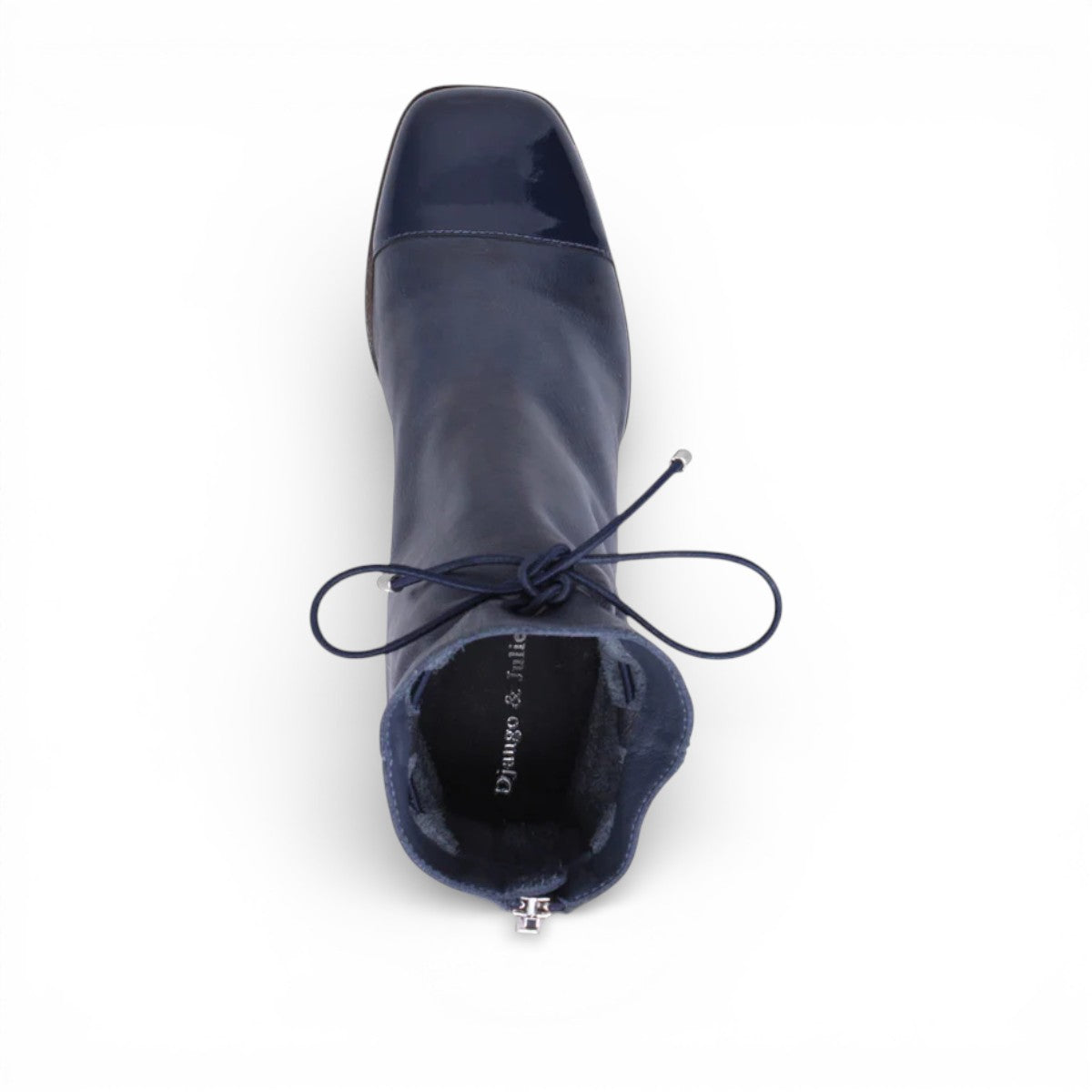 DJANGOANDJULIETTE-VALINA-navy leather ankle boots with patent toe cap, block heel, and decorative ankle lacing. top view