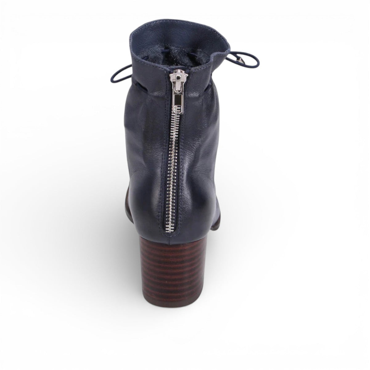 DJANGOANDJULIETTE-VALINA-navy leather ankle boots with patent toe cap, block heel, and decorative ankle lacing. Back view