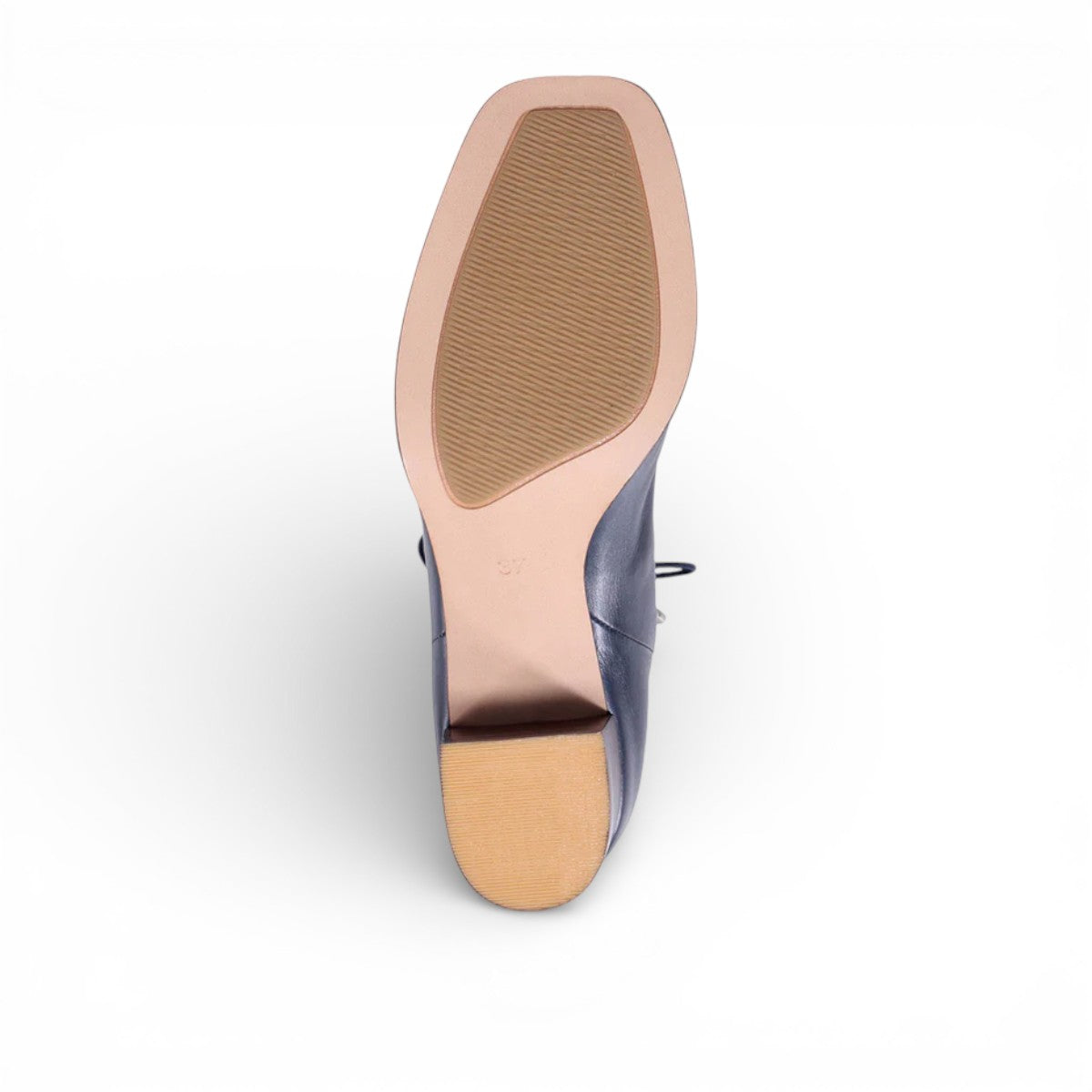 DJANGOANDJULIETTE-VALINA-navy leather ankle boots with patent toe cap, block heel, and decorative ankle lacing. bottom view.
