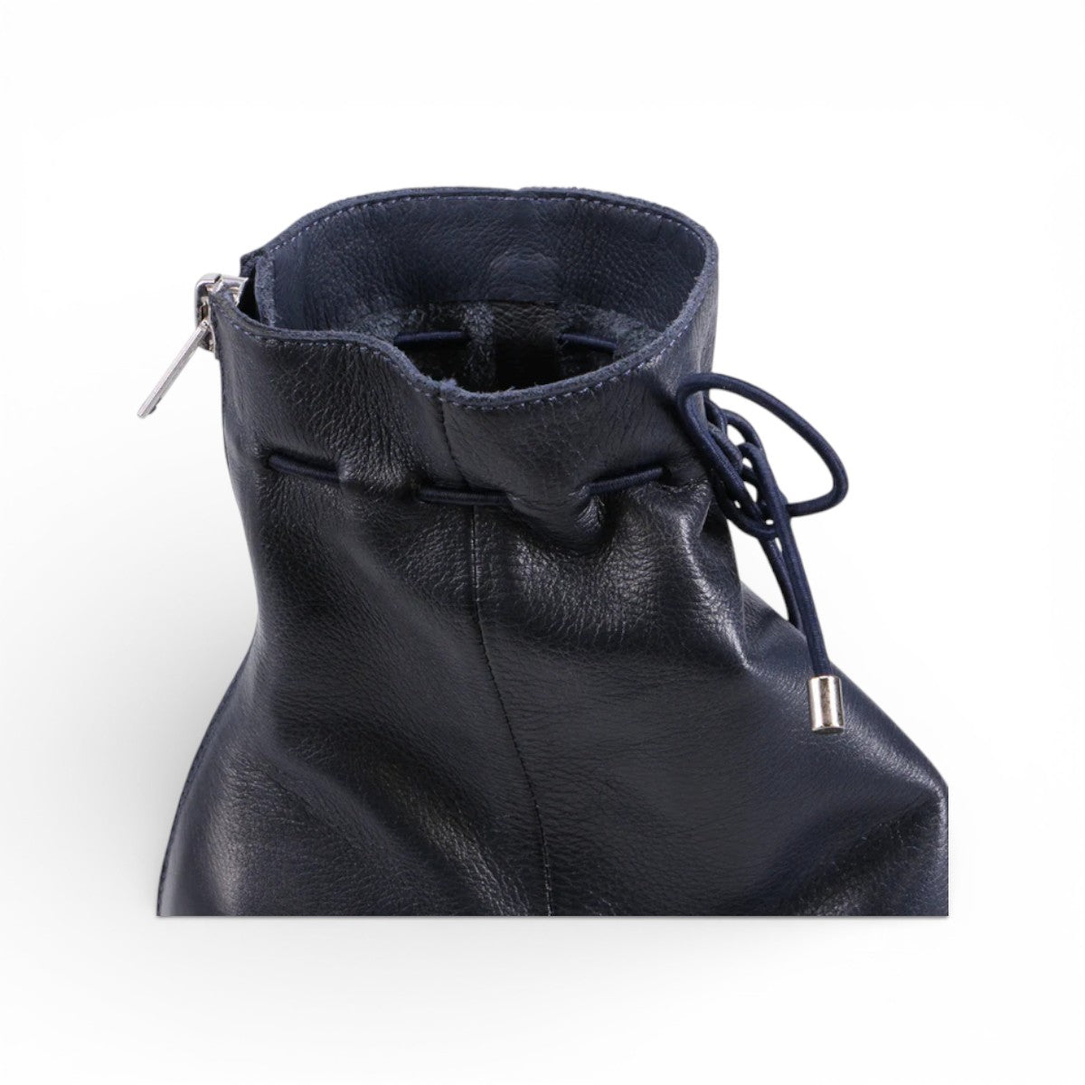 DJANGOANDJULIETTE-VALINA-navy leather ankle boots with patent toe cap, block heel, and decorative ankle lacing. top view