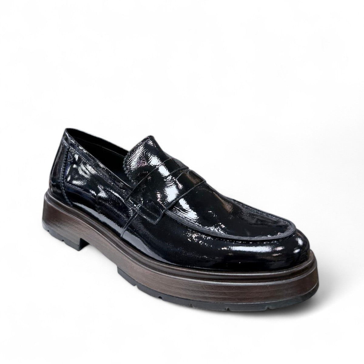David Tyler black patent leather loafer with a chunky dark wood-effect sole and leather lining. Photo of front side view.