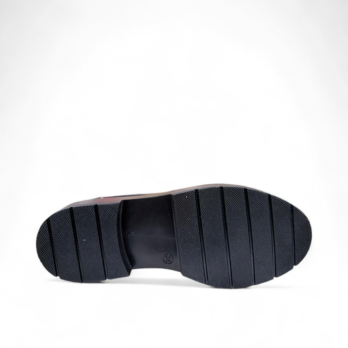 David Tyler black patent leather loafer with a chunky dark wood-effect sole and leather lining. Photo of bottom view.