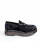 David Tyler black patent leather loafer with a chunky dark wood-effect sole and leather lining. Photo of side view.