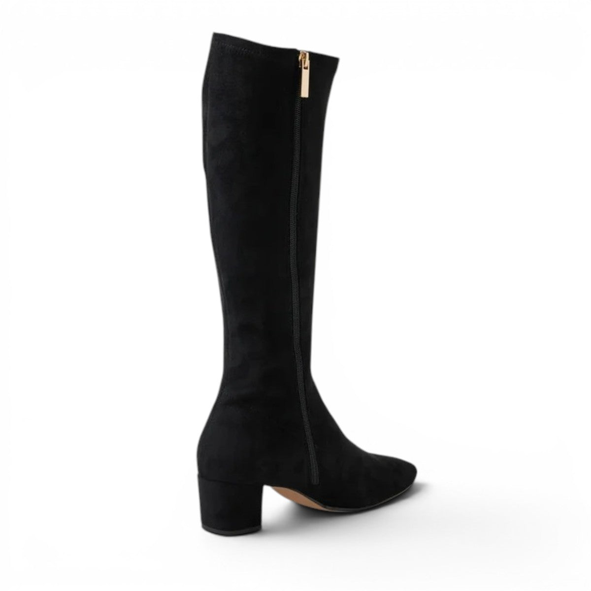 Django & Juliette black microsuede knee-high boots with square toe, block heel, and gold buckle detail.
photo of the back side