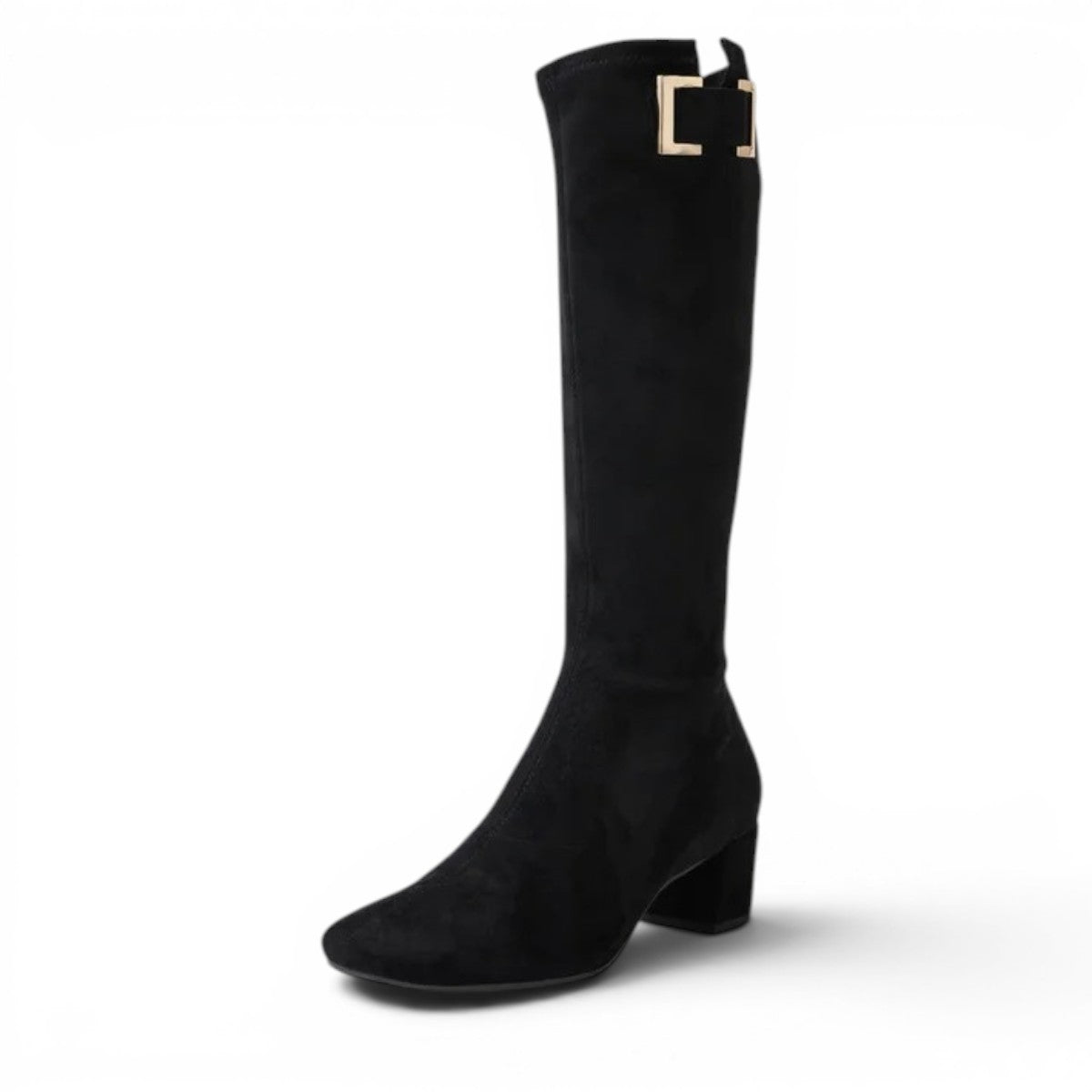 Django & Juliette black microsuede knee-high boots with square toe, block heel, and gold buckle detail.
photo of the front side