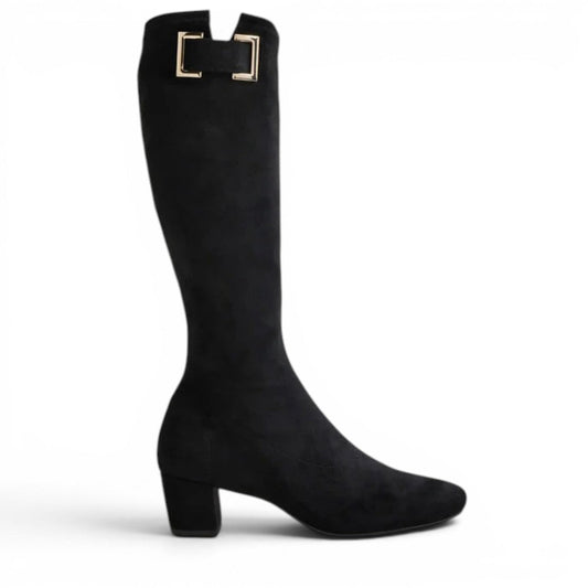 Django & Juliette black microsuede knee-high boots with square toe, block heel, and gold buckle detail.
photo of the right side
