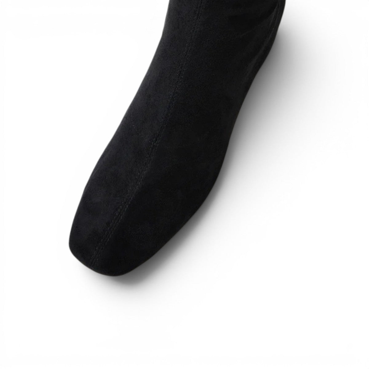 Django & Juliette black microsuede knee-high boots with square toe, block heel, and gold buckle detail.
photo of the top side