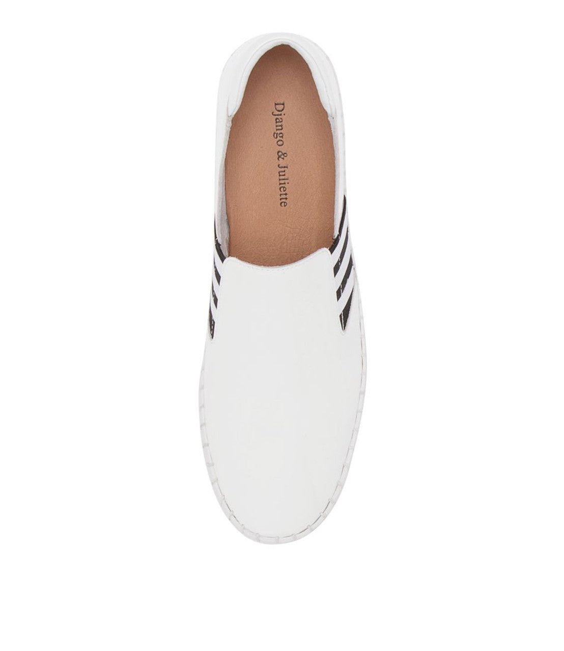 DJANGO & JULITTE BECCA-DJ white patent leather slip-on sneakers with black striped elastic gussets. Photo of upper view.