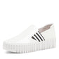 DJANGO & JULITTE BECCA-DJ white patent leather slip-on sneakers with black striped elastic gussets. Photo of front side view.