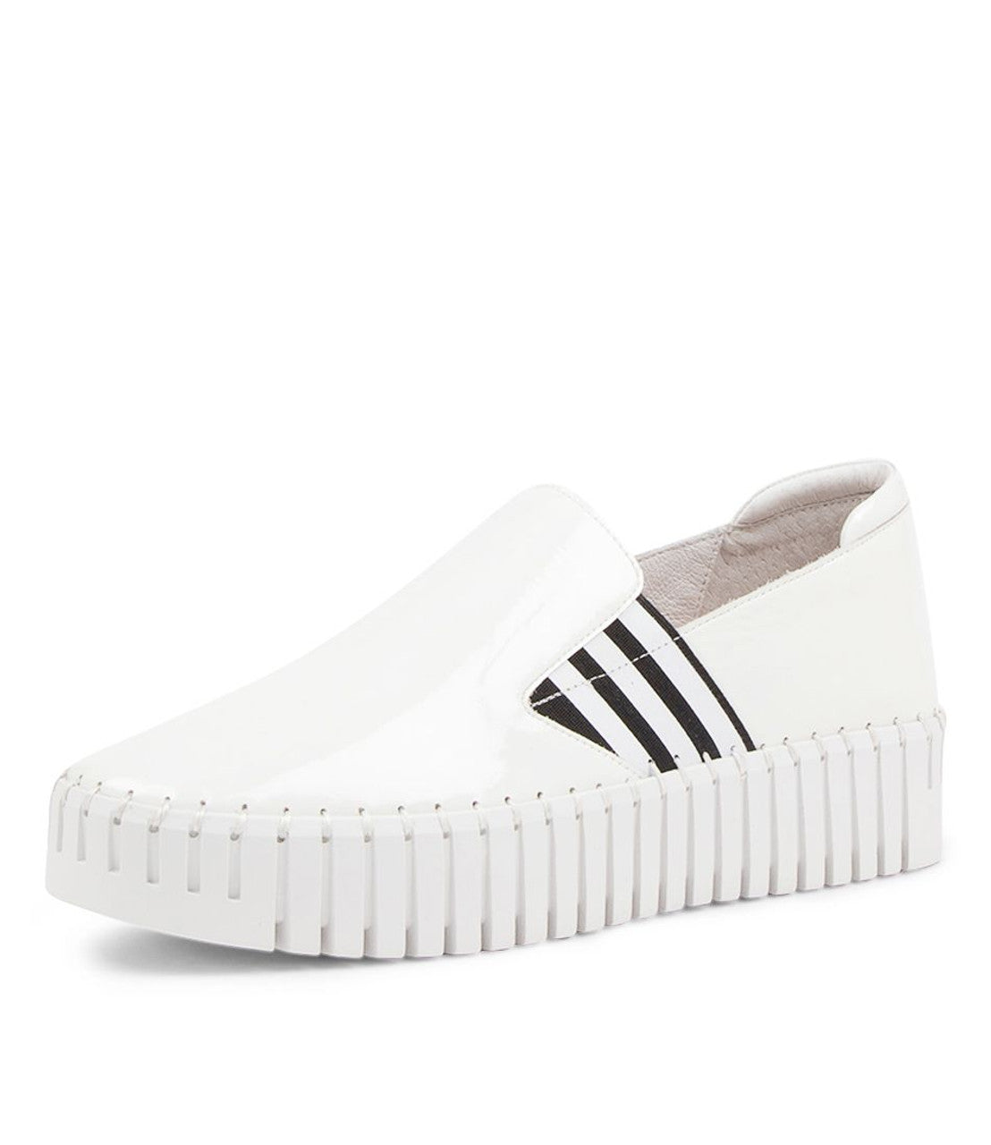 DJANGO & JULITTE BECCA-DJ white patent leather slip-on sneakers with black striped elastic gussets. Photo of front side view.